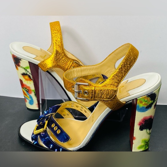 Metallic Gold & Blue Studded Women’s High Heel Sandals - Picture 5 of 16